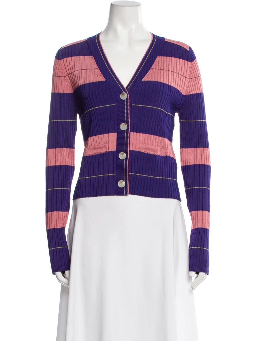 Diane Von Furstenberg Purple & Pink Ribbed V-Neck Striped Button Cardigan